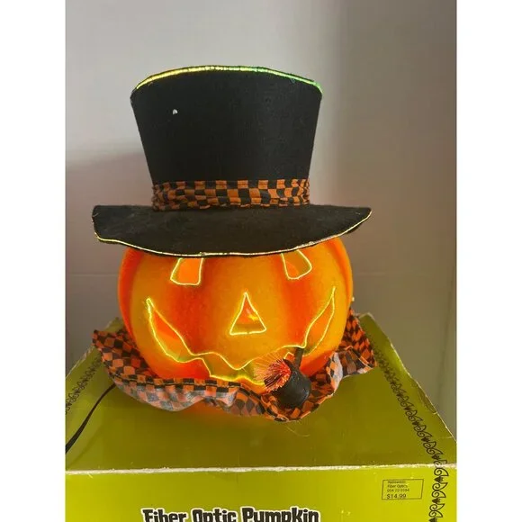 Fiber Optic Pumpkin With Top Hat Halloween Decoration 10 Inches With Adapter - Picture 2 of 4